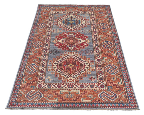 3x5 Gray Kazak Afghan Hand Knotted Geometric Wool Area Rug